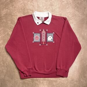 Vintage 90s Top Stitch Embroidered Patchwork Birdhouse Collared Sweater Red Bird
